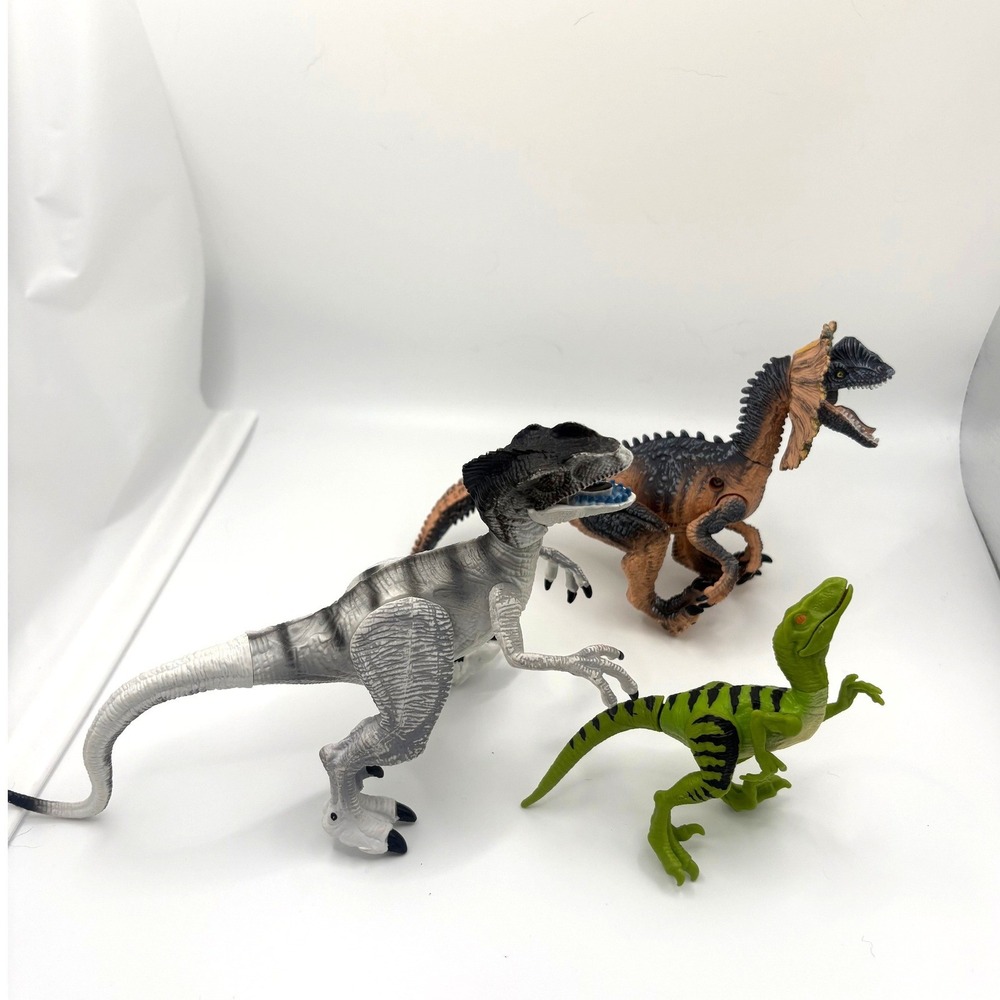Dinosaur Action Figure Lot Dilophosaurus Raptor Grey Green Toy Set 3pc